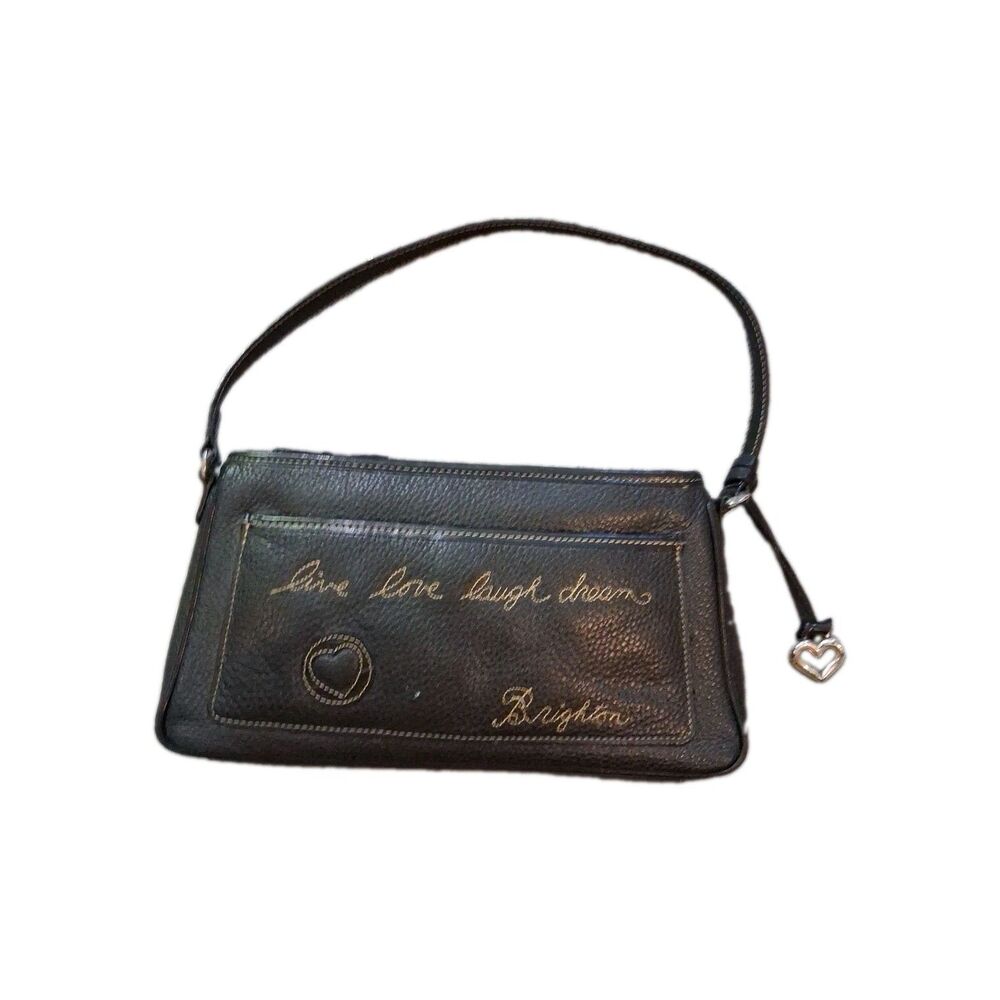 Brighton Live Love Laugh Dream Embroidered Shoulder Purse Black Pebbled Soft